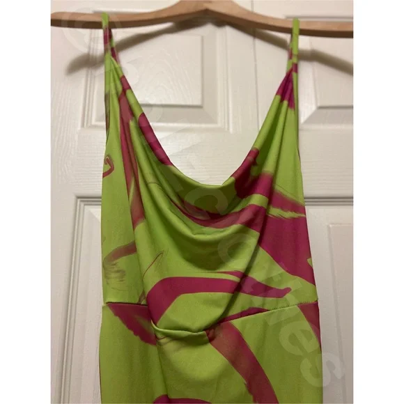 Nasty Gal Lime Green & Hot Pink Marble Print Ruched Cowl Neck Dress NWT - Picture 6 of 14